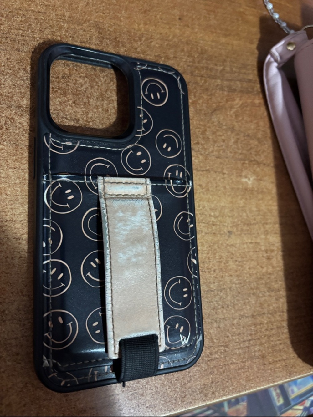 Wallis Black Smiley Phone Case with Beige Strap